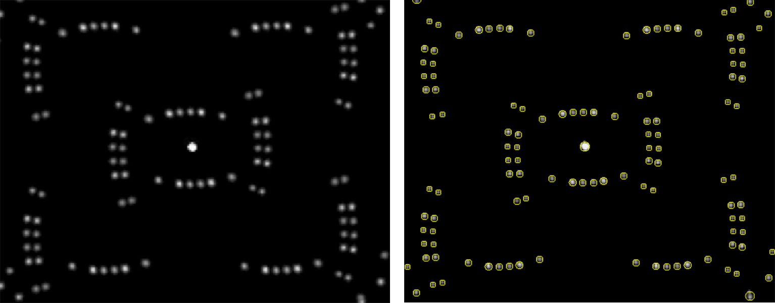 Dot pattern before (left) and after (right) analysis using automatic dot detection in Radiant’s TT-NIRI software module